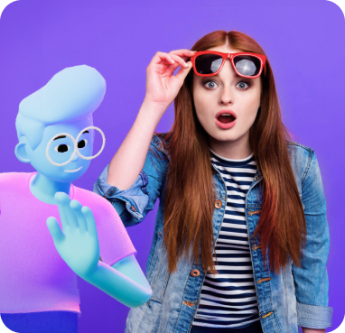 Fille surprise soulevant ses lunettes avec mascotte nutuus